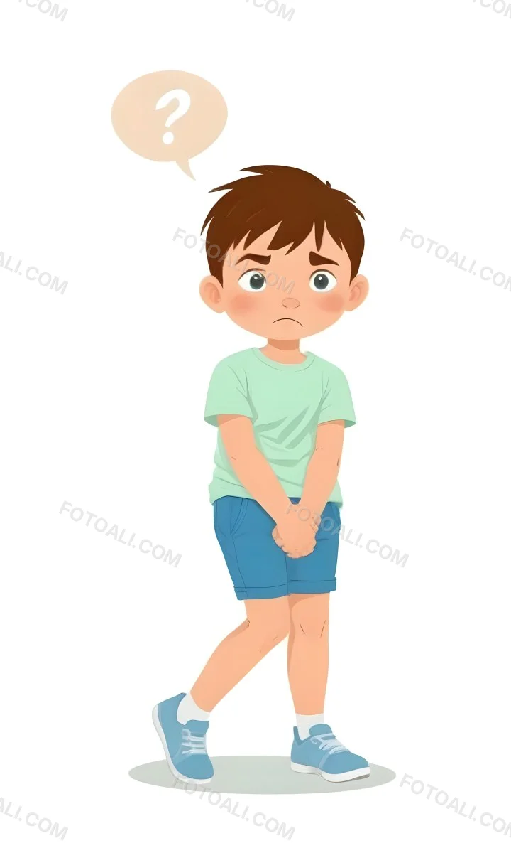 Digital Painting A Caucasian Boy Age 8 With White Hair Wearing A Green T Shirt And Blue Shorts Holding His Crotch With A Worried Expression White Background Bold And Slim Lines Brush Strokes 4 994b