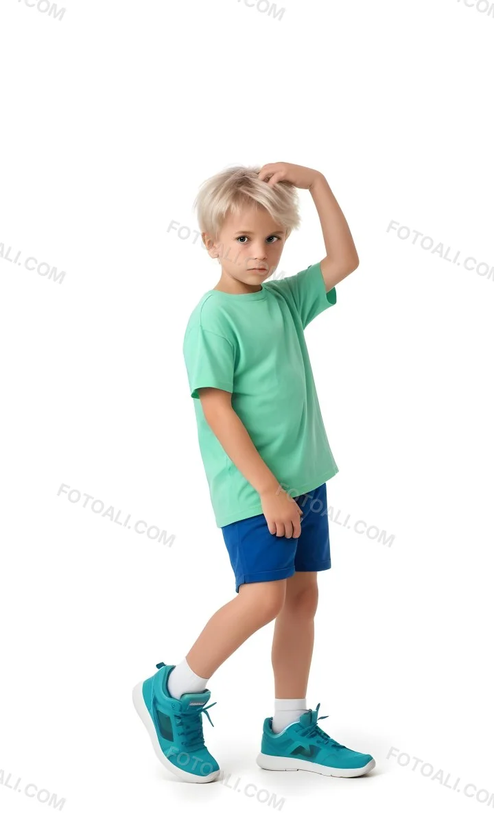 Digital Painting A Caucasian Boy Age 8 With White Hair Wearing A Green T Shirt And Blue Shorts Holding His Crotch With A Worried Expression White Background Bold And Slim Lines Brush Strokes 9 1513