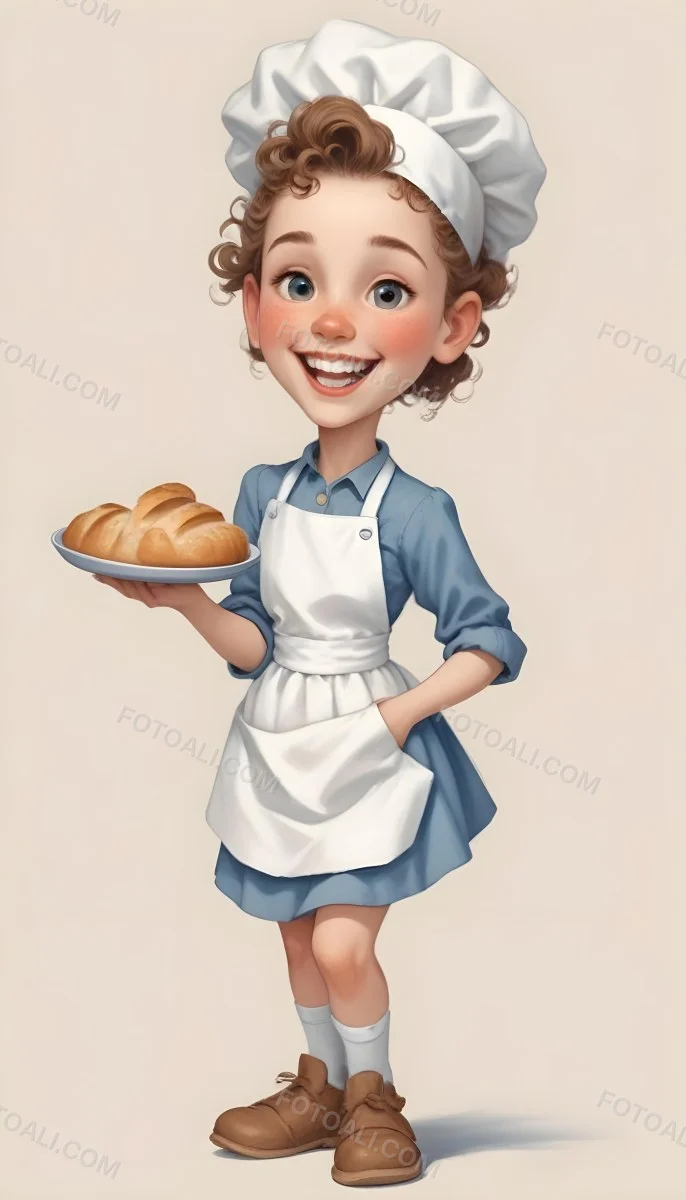 Digital Painting A Caucasian Girl 10 Years Old White Curly Hair Holding A Plate Of Bread Wearing A White Dress And A Blue Apron In A Plain Background Bold And Slim Lines Brush Strokes 14 816f