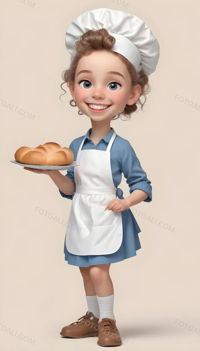 Digital Painting A Caucasian Girl 10 Years Old White Curly Hair Holding A Plate Of Bread Wearing A White Dress And A Blue Apron In A Plain Background Bold And Slim Lines Brush Strokes 2 Ad74