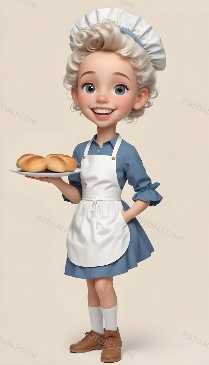 Digital Painting A Caucasian Girl 10 Years Old White Curly Hair Holding A Plate Of Bread Wearing A White Dress And A Blue Apron In A Plain Background Bold And Slim Lines Brush Strokes 23 E203