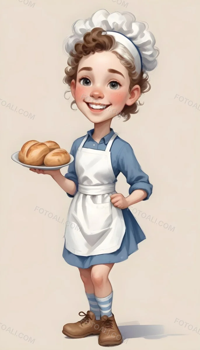 Digital Painting A Caucasian Girl 10 Years Old White Curly Hair Holding A Plate Of Bread Wearing A White Dress And A Blue Apron In A Plain Background Bold And Slim Lines Brush Strokes 32 Acdd