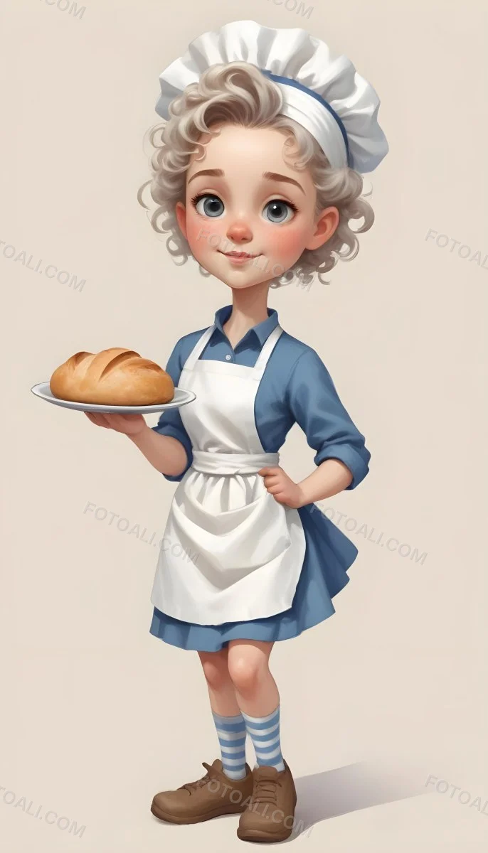 Digital Painting A Caucasian Girl 10 Years Old White Curly Hair Holding A Plate Of Bread Wearing A White Dress And A Blue Apron In A Plain Background Bold And Slim Lines Brush Strokes 38 8552