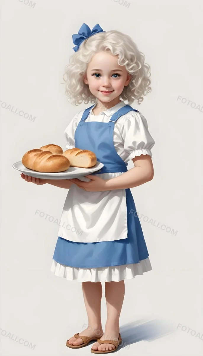 Digital Painting A Caucasian Girl 10 Years Old White Curly Hair Holding A Plate Of Bread Wearing A White Dress And A Blue Apron In A Plain Background Bold And Slim Lines Brush Strokes 46 7c91