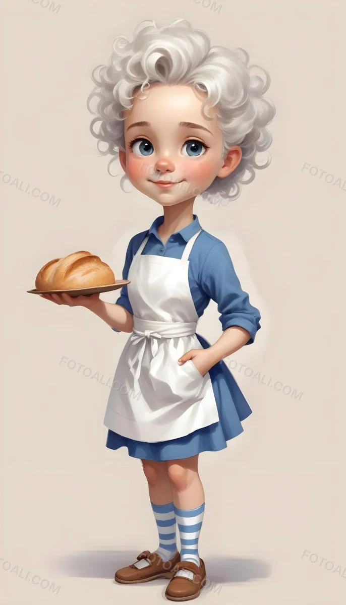 Digital Painting A Caucasian Girl 10 Years Old White Curly Hair Holding A Plate Of Bread Wearing A White Dress And A Blue Apron In A Plain Background Bold And Slim Lines Brush Strokes 58 0398