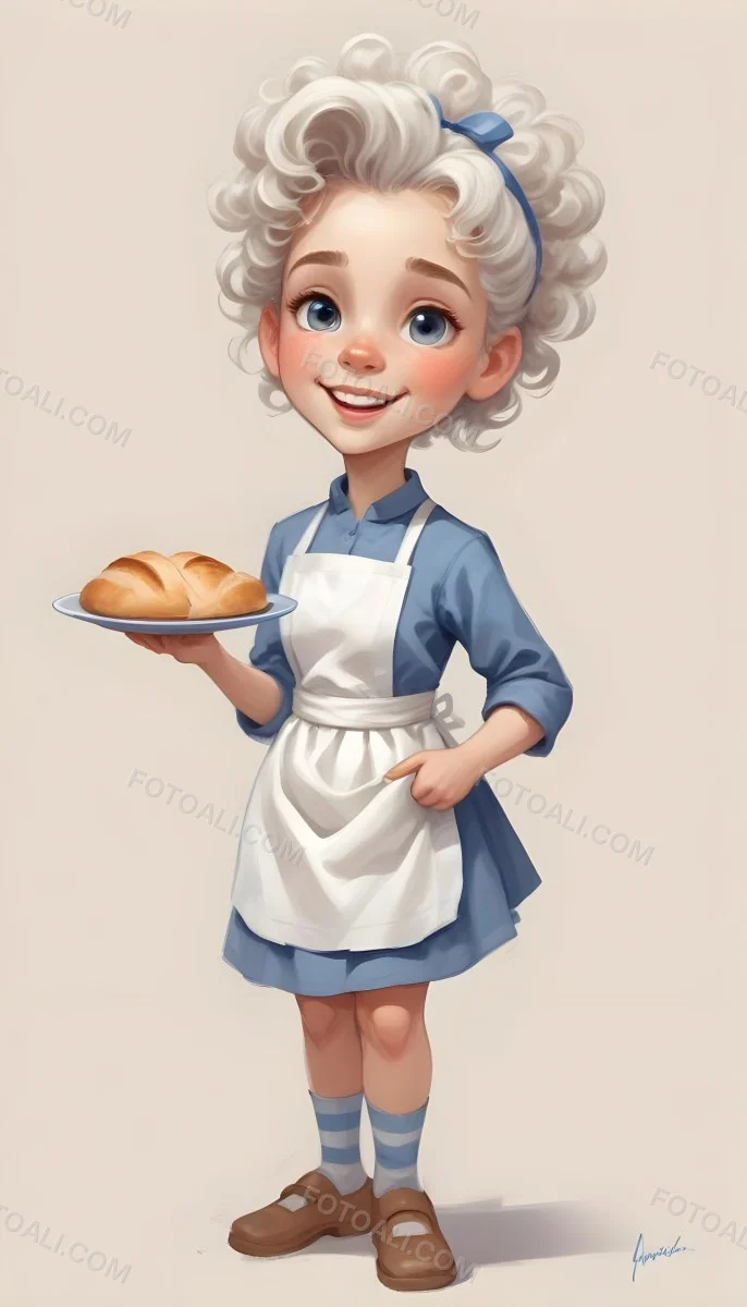 Digital Painting A Caucasian Girl 10 Years Old White Curly Hair Holding A Plate Of Bread Wearing A White Dress And A Blue Apron In A Plain Background Bold And Slim Lines Brush Strokes 59 F538