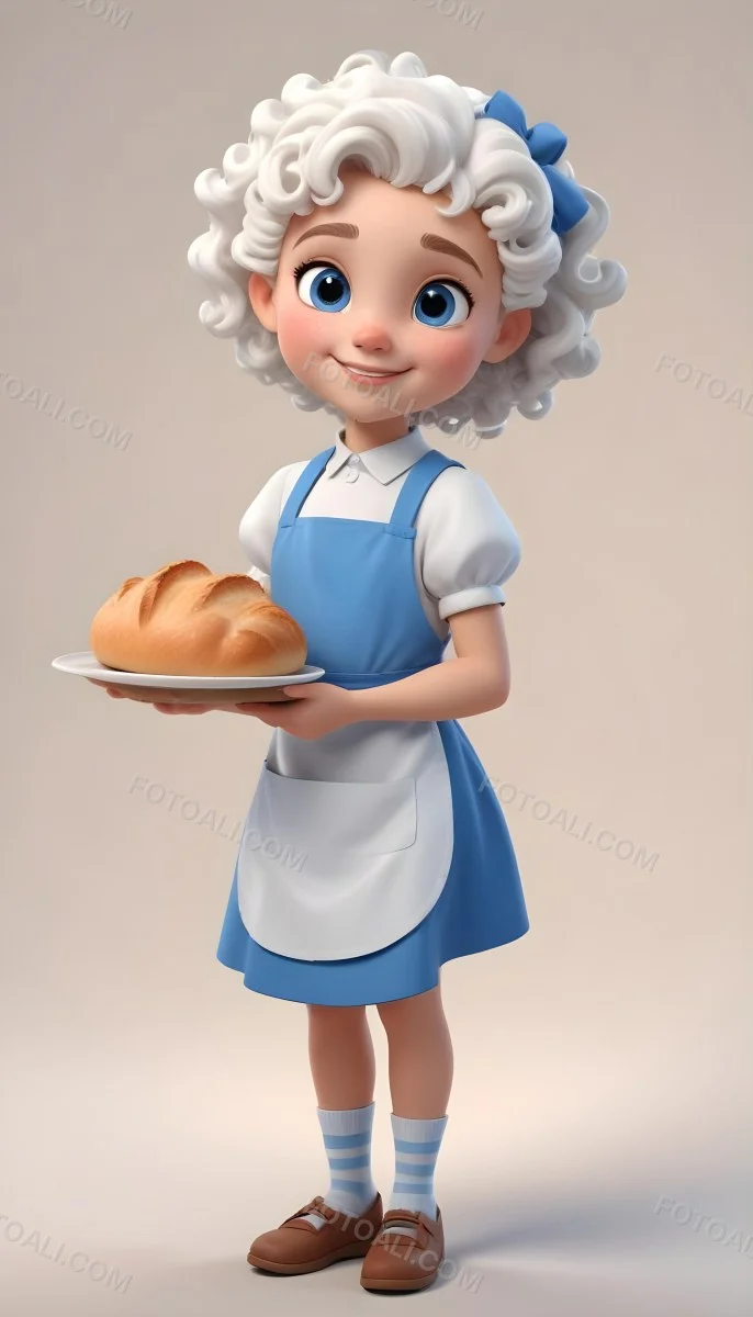 Digital Painting A Caucasian Girl 10 Years Old White Curly Hair Holding A Plate Of Bread Wearing A White Dress And A Blue Apron In A Plain Background Bold And Slim Lines Brush Strokes 60 00db