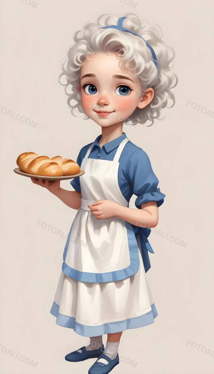 Digital Painting A Caucasian Girl 10 Years Old White Curly Hair Holding A Plate Of Bread Wearing A White Dress And A Blue Apron In A Plain Background Bold And Slim Lines Brush Strokes 61 4ff6