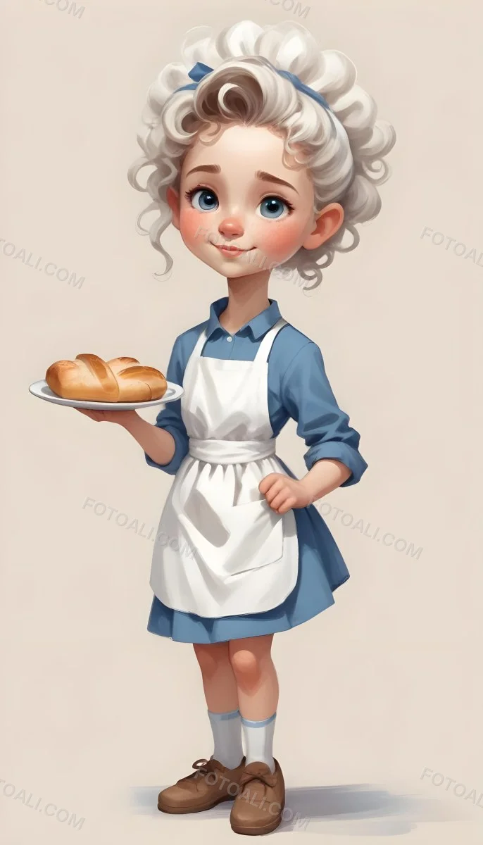 Digital Painting A Caucasian Girl 10 Years Old White Curly Hair Holding A Plate Of Bread Wearing A White Dress And A Blue Apron In A Plain Background Bold And Slim Lines Brush Strokes 64 2d5c