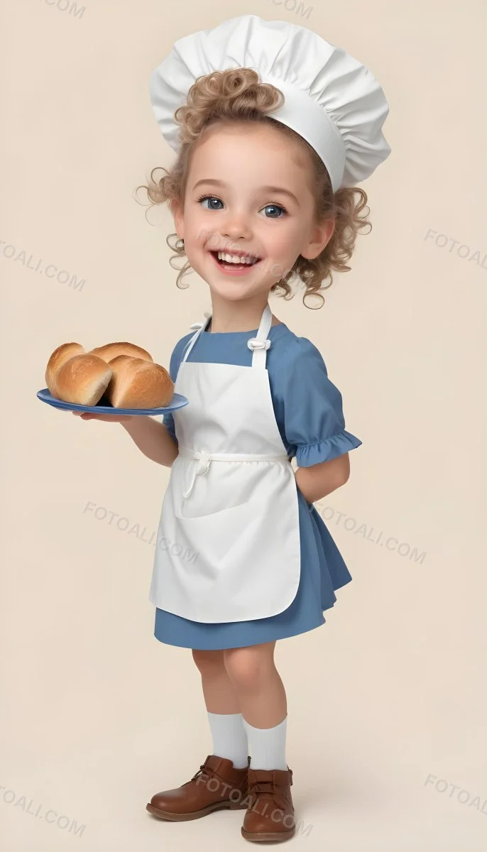 Digital Painting A Caucasian Girl 10 Years Old White Curly Hair Holding A Plate Of Bread Wearing A White Dress And A Blue Apron In A Plain Background Bold And Slim Lines Brush Strokes 8 C658