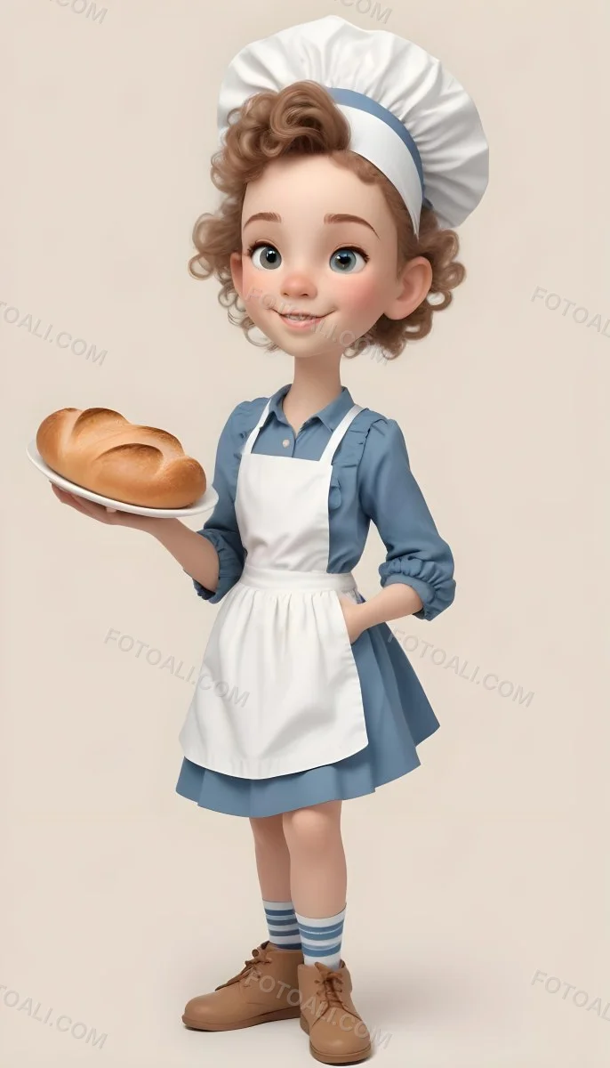 Digital Painting A Caucasian Girl 10 Years Old White Curly Hair Holding A Plate Of Bread Wearing A White Dress And A Blue Apron In A Plain Background Bold And Slim Lines Brush Strokes 9 Dd55