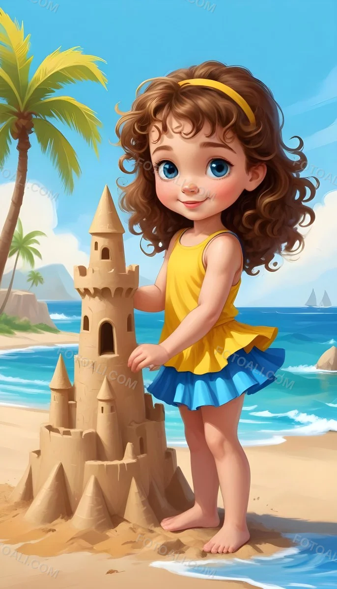Digital Painting A Caucasian Girl 4 Years Old Brown Curly Hair Blue Top And Yellow Skirt Building A Sand Castle On The Beach With Palm Trees And Blue Sea Bold And Slim Lines Brush Strokes 10 388e