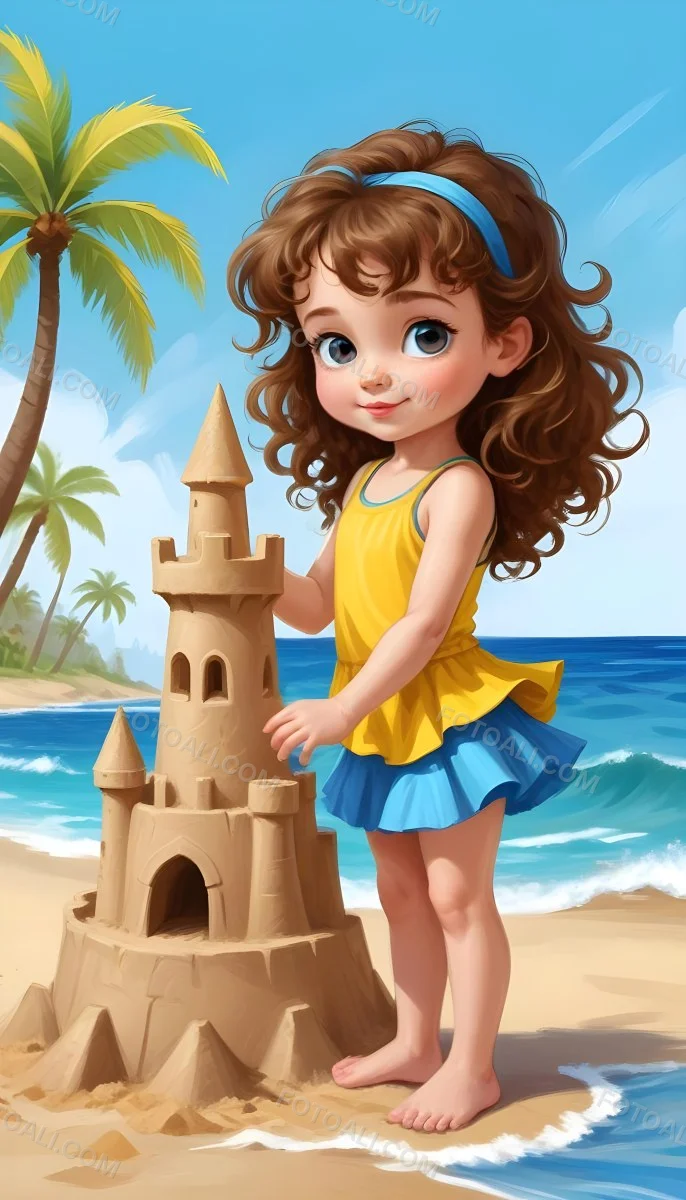 Digital Painting A Caucasian Girl 4 Years Old Brown Curly Hair Blue Top And Yellow Skirt Building A Sand Castle On The Beach With Palm Trees And Blue Sea Bold And Slim Lines Brush Strokes 11 C7e0