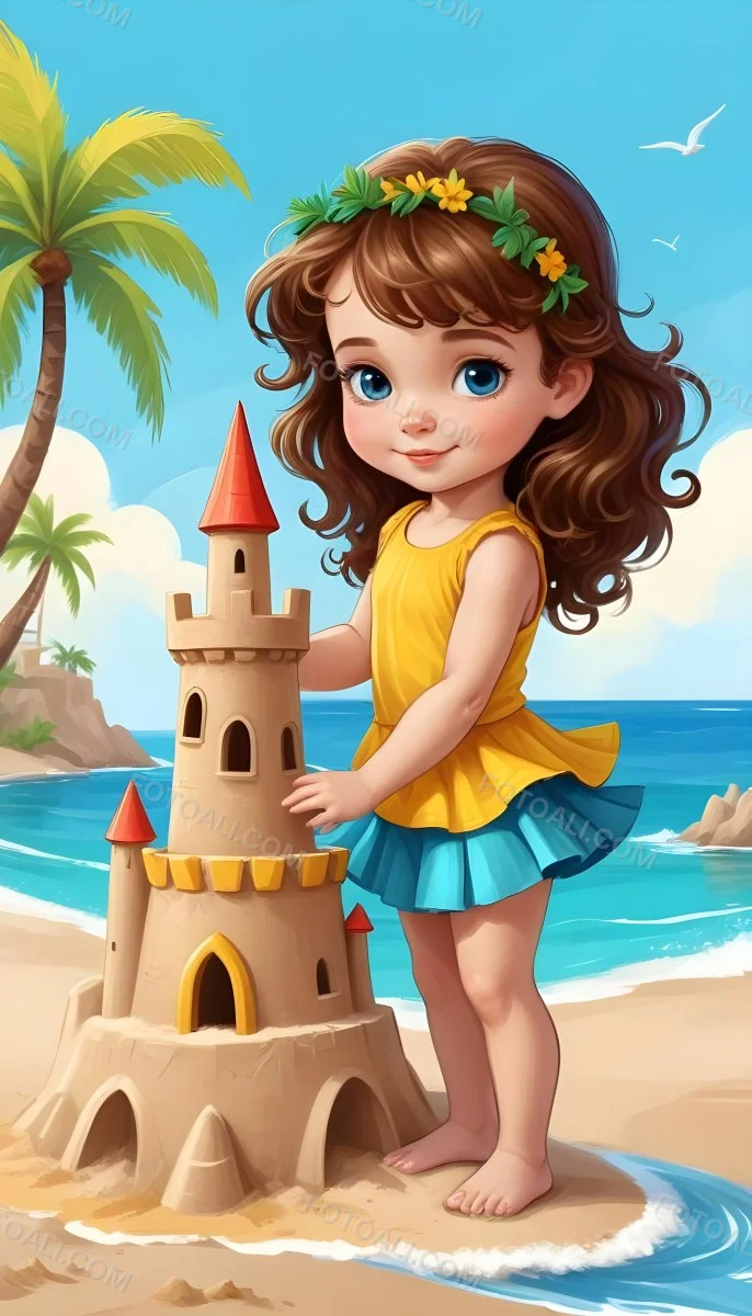 Digital Painting A Caucasian Girl 4 Years Old Brown Curly Hair Blue Top And Yellow Skirt Building A Sand Castle On The Beach With Palm Trees And Blue Sea Bold And Slim Lines Brush Strokes 12 F751