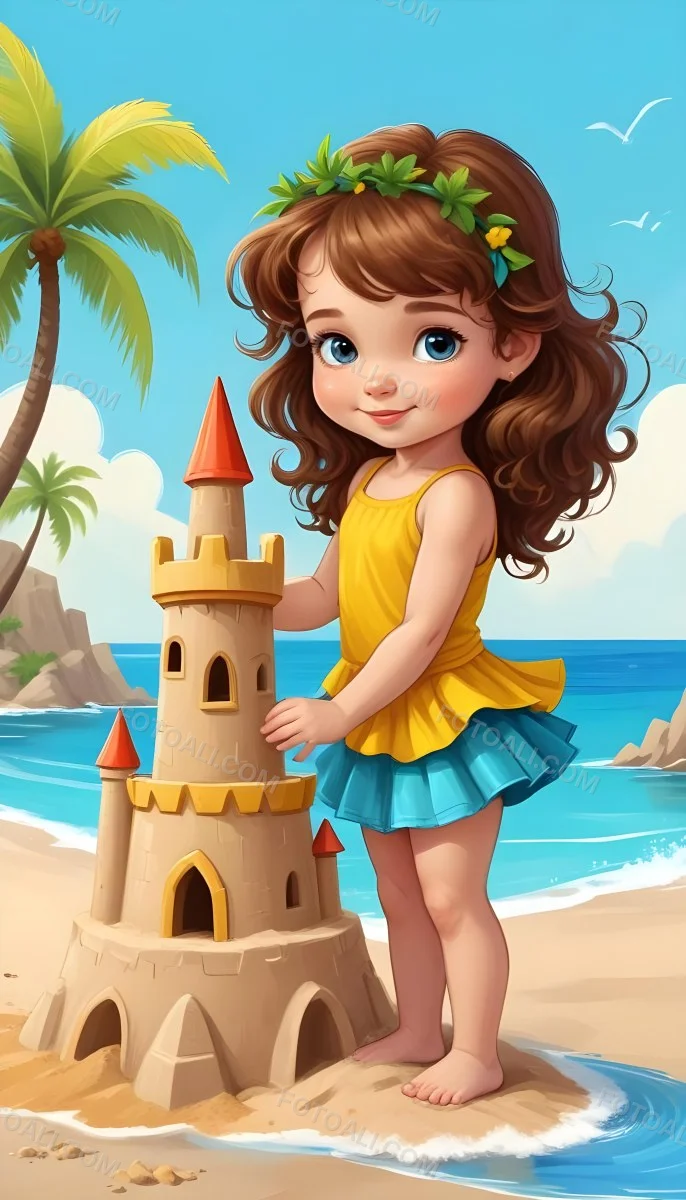 Digital Painting A Caucasian Girl 4 Years Old Brown Curly Hair Blue Top And Yellow Skirt Building A Sand Castle On The Beach With Palm Trees And Blue Sea Bold And Slim Lines Brush Strokes 16 5c0d