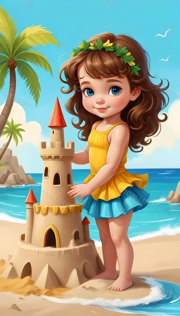Digital Painting A Caucasian Girl 4 Years Old Brown Curly Hair Blue Top And Yellow Skirt Building A Sand Castle On The Beach With Palm Trees And Blue Sea Bold And Slim Lines Brush Strokes 18 D06d