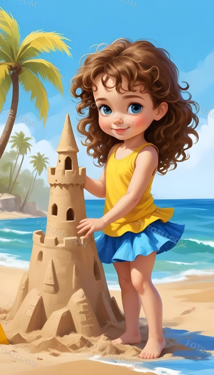 Digital Painting A Caucasian Girl 4 Years Old Brown Curly Hair Blue Top And Yellow Skirt Building A Sand Castle On The Beach With Palm Trees And Blue Sea Bold And Slim Lines Brush Strokes 19 Cb5d