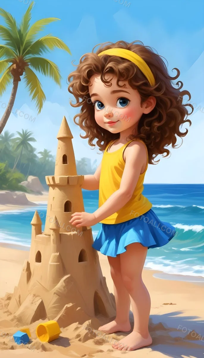 Digital Painting A Caucasian Girl 4 Years Old Brown Curly Hair Blue Top And Yellow Skirt Building A Sand Castle On The Beach With Palm Trees And Blue Sea Bold And Slim Lines Brush Strokes 2 268d