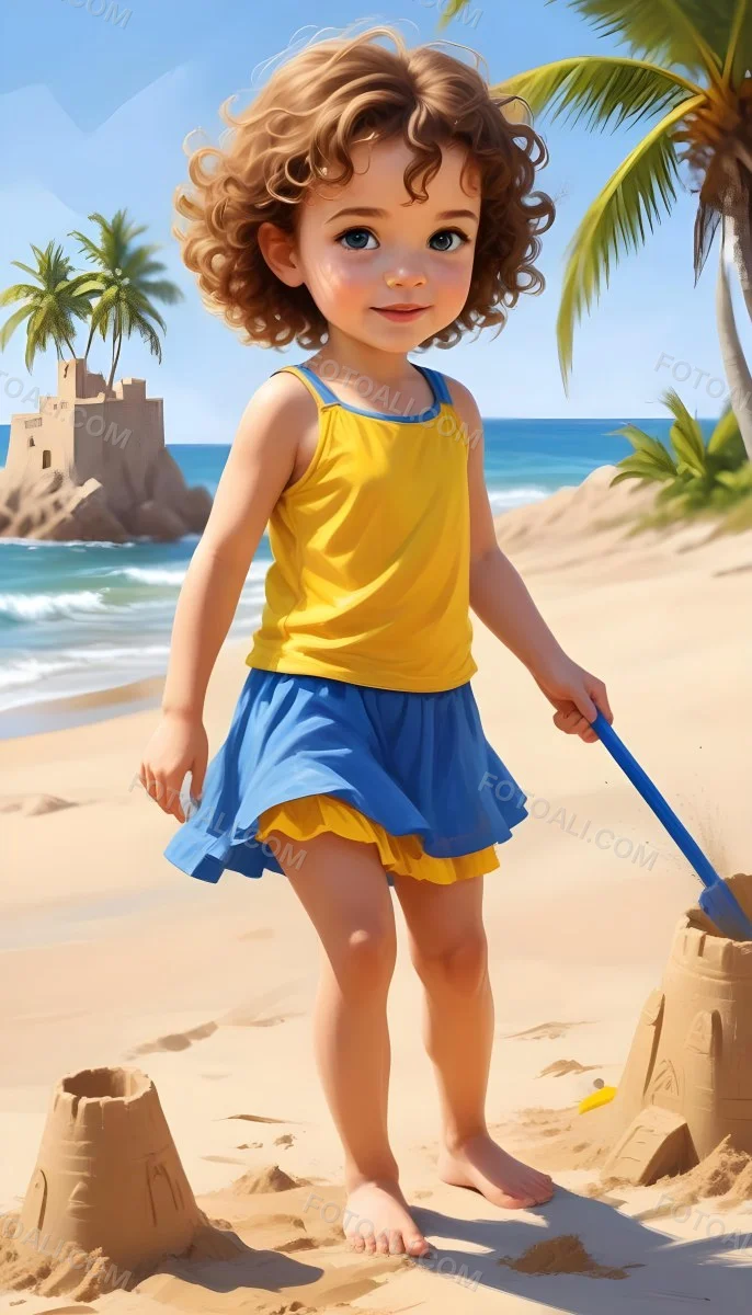 Digital Painting A Caucasian Girl 4 Years Old Brown Curly Hair Blue Top And Yellow Skirt Building A Sand Castle On The Beach With Palm Trees And Blue Sea Bold And Slim Lines Brush Strokes 3 02f0