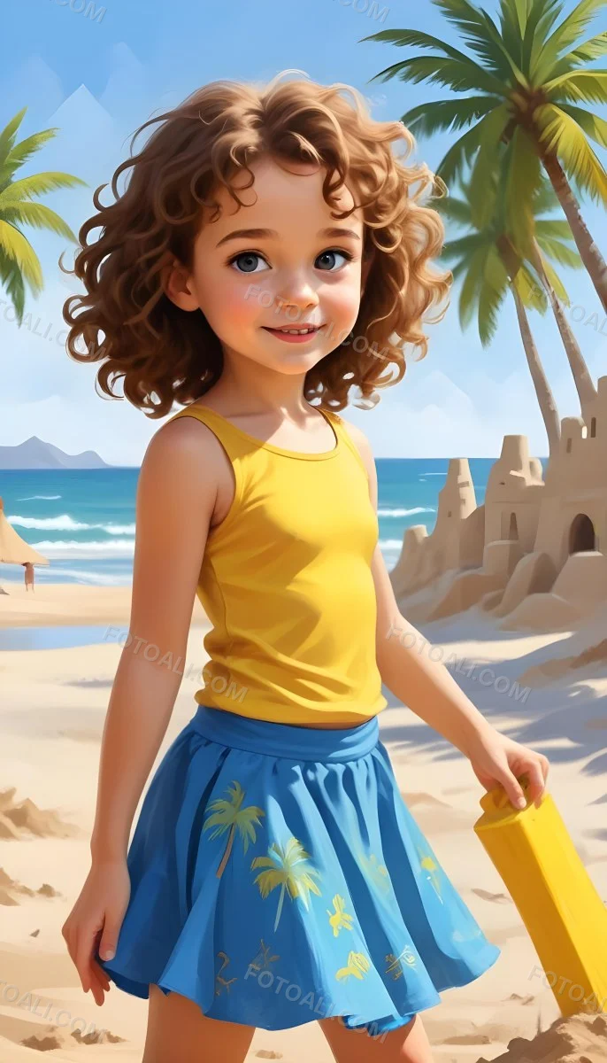 Digital Painting A Caucasian Girl 4 Years Old Brown Curly Hair Blue Top And Yellow Skirt Building A Sand Castle On The Beach With Palm Trees And Blue Sea Bold And Slim Lines Brush Strokes 5 1bdd