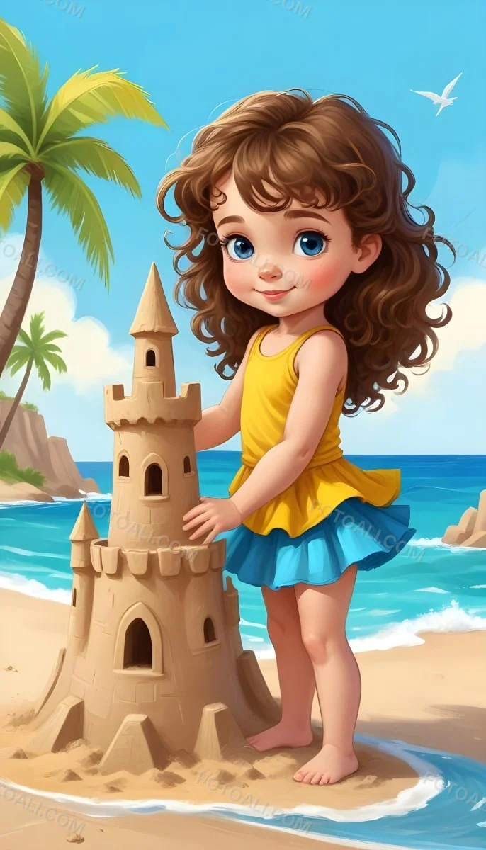 Digital Painting A Caucasian Girl 4 Years Old Brown Curly Hair Blue Top And Yellow Skirt Building A Sand Castle On The Beach With Palm Trees And Blue Sea Bold And Slim Lines Brush Strokes 8 Bc20