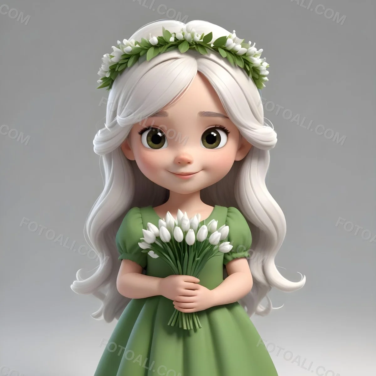 Digital Painting A Caucasian Girl 8 Years Old Long White Hair Brown Eyes Holding A Bouquet Of Snowdrops Wearing A Green Dress And A Flower Crown White Background Bold And Slim Lines Brush Strokes 11 48bd