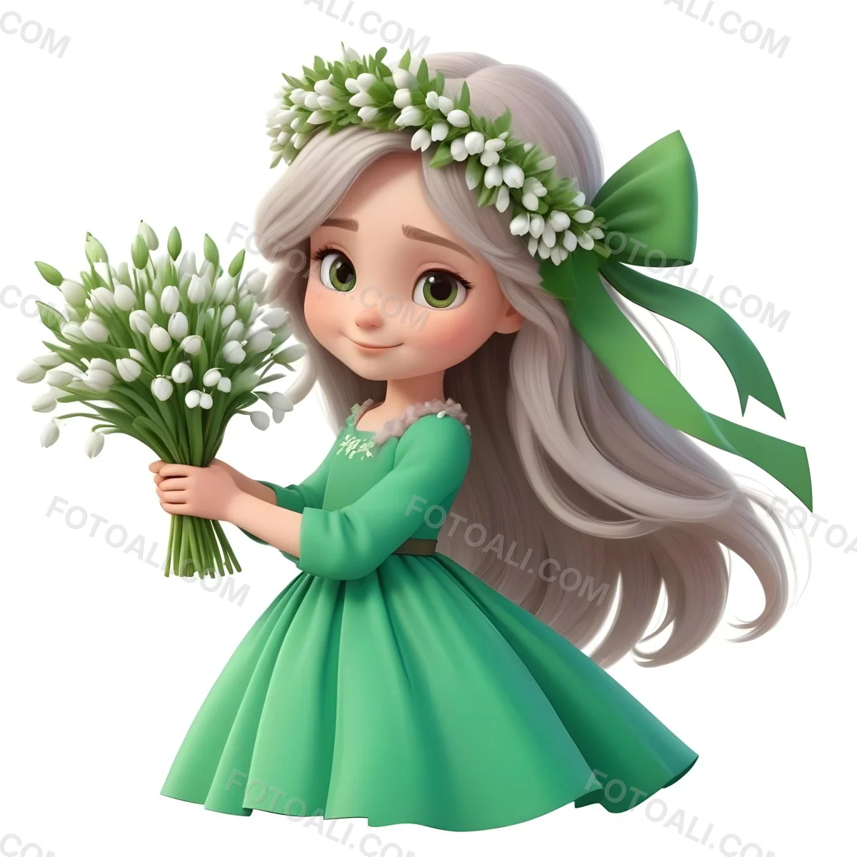 Digital Painting A Caucasian Girl 8 Years Old Long White Hair Brown Eyes Holding A Bouquet Of Snowdrops Wearing A Green Dress And A Flower Crown White Background Bold And Slim Lines Brush Strokes 13 2019