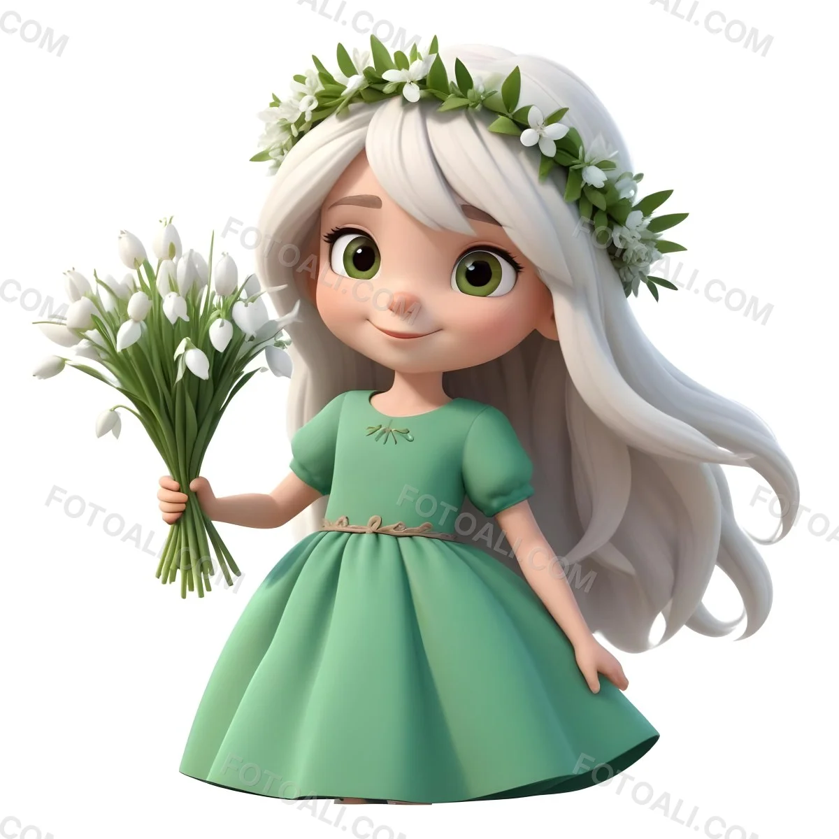 Digital Painting A Caucasian Girl 8 Years Old Long White Hair Brown Eyes Holding A Bouquet Of Snowdrops Wearing A Green Dress And A Flower Crown White Background Bold And Slim Lines Brush Strokes 2 A0dd