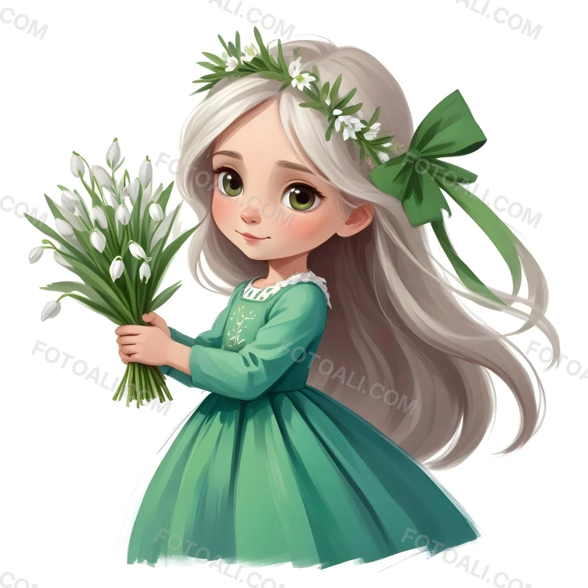 Digital Painting A Caucasian Girl 8 Years Old Long White Hair Brown Eyes Holding A Bouquet Of Snowdrops Wearing A Green Dress And A Flower Crown White Background Bold And Slim Lines Brush Strokes 21 8eef