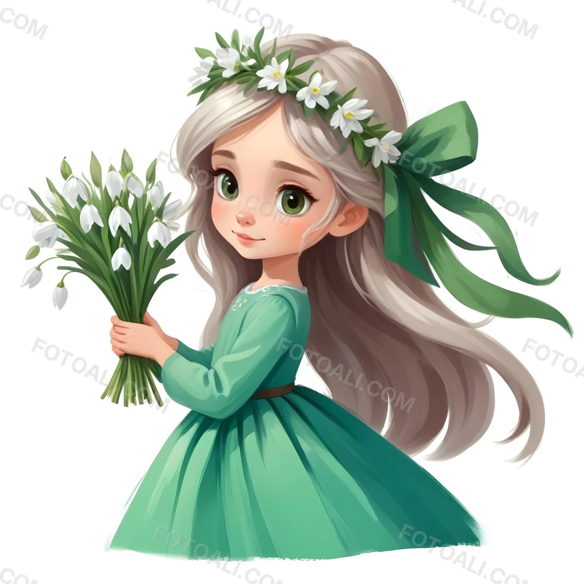Digital Painting A Caucasian Girl 8 Years Old Long White Hair Brown Eyes Holding A Bouquet Of Snowdrops Wearing A Green Dress And A Flower Crown White Background Bold And Slim Lines Brush Strokes 22 7866
