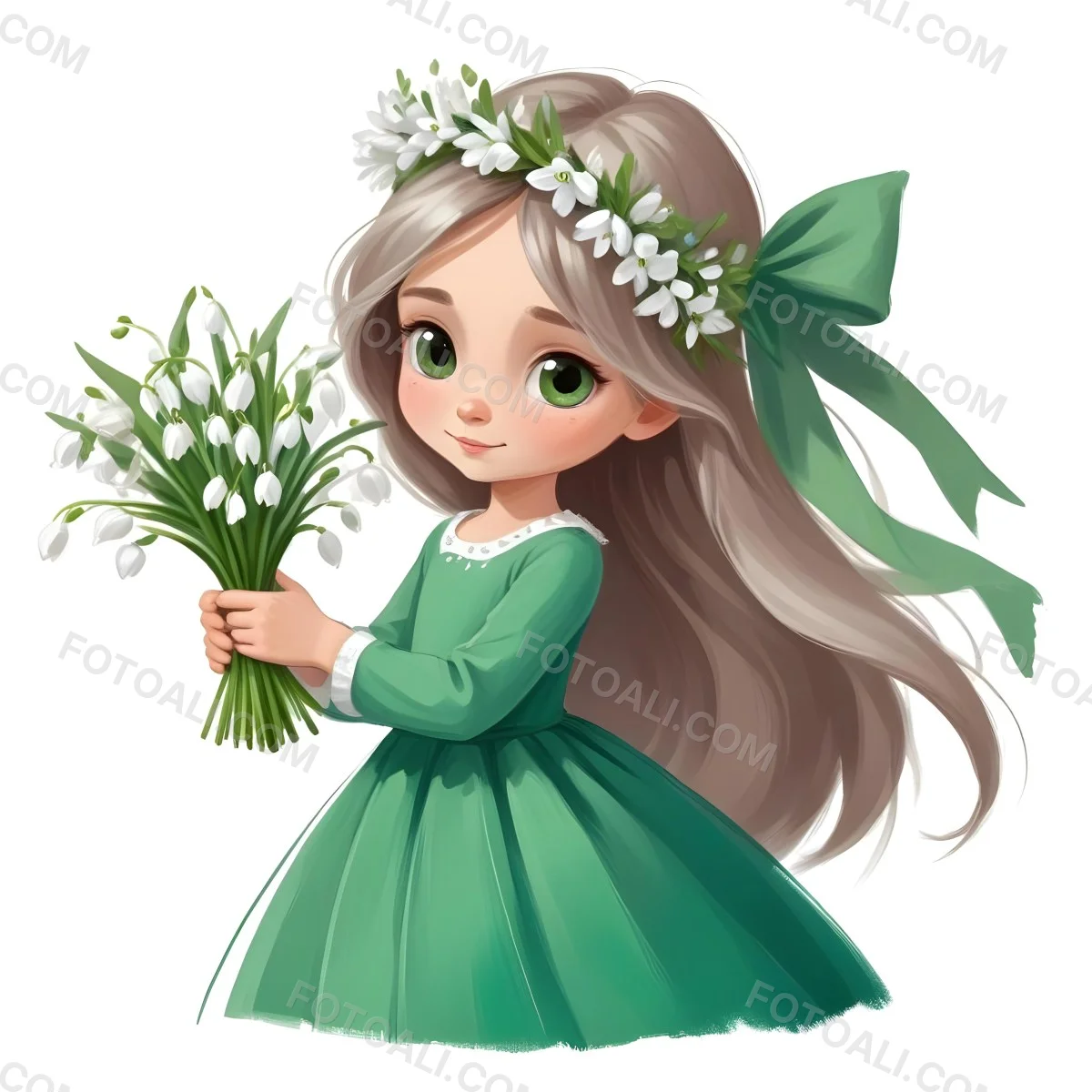 Digital Painting A Caucasian Girl 8 Years Old Long White Hair Brown Eyes Holding A Bouquet Of Snowdrops Wearing A Green Dress And A Flower Crown White Background Bold And Slim Lines Brush Strokes 23 E899