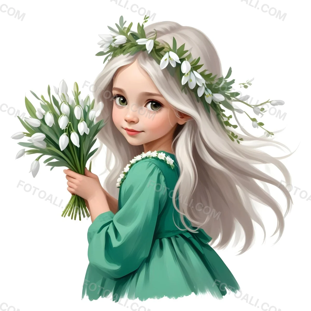 Digital Painting A Caucasian Girl 8 Years Old Long White Hair Brown Eyes Holding A Bouquet Of Snowdrops Wearing A Green Dress And A Flower Crown White Background Bold And Slim Lines Brush Strokes 24 3f6a