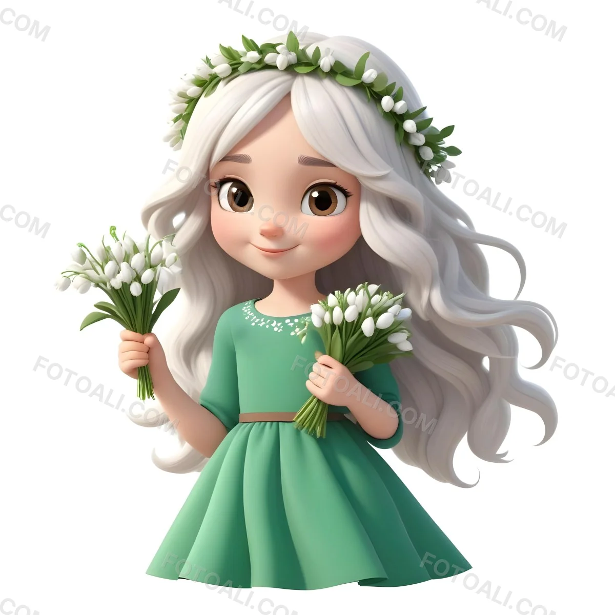 Digital Painting A Caucasian Girl 8 Years Old Long White Hair Brown Eyes Holding A Bouquet Of Snowdrops Wearing A Green Dress And A Flower Crown White Background Bold And Slim Lines Brush Strokes 3 Dc3c