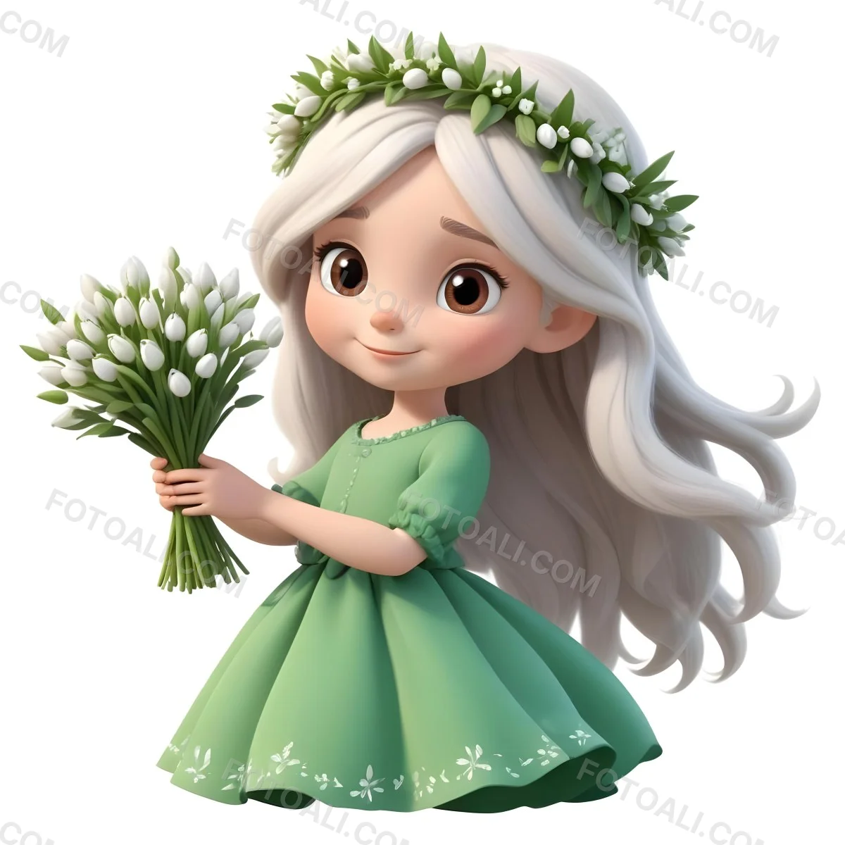 Digital Painting A Caucasian Girl 8 Years Old Long White Hair Brown Eyes Holding A Bouquet Of Snowdrops Wearing A Green Dress And A Flower Crown White Background Bold And Slim Lines Brush Strokes 4 96c1