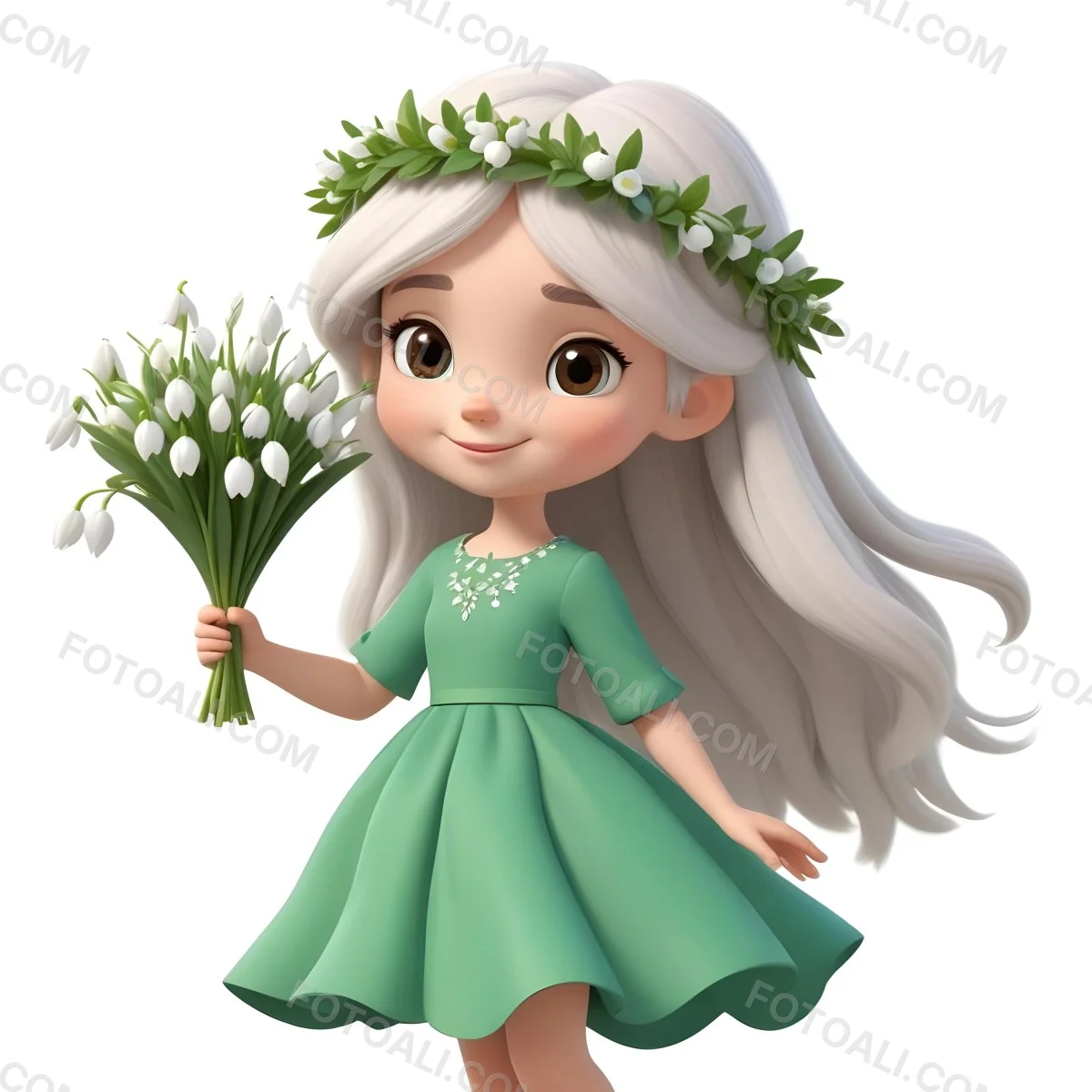 Digital Painting A Caucasian Girl 8 Years Old Long White Hair Brown Eyes Holding A Bouquet Of Snowdrops Wearing A Green Dress And A Flower Crown White Background Bold And Slim Lines Brush Strokes 6 F156