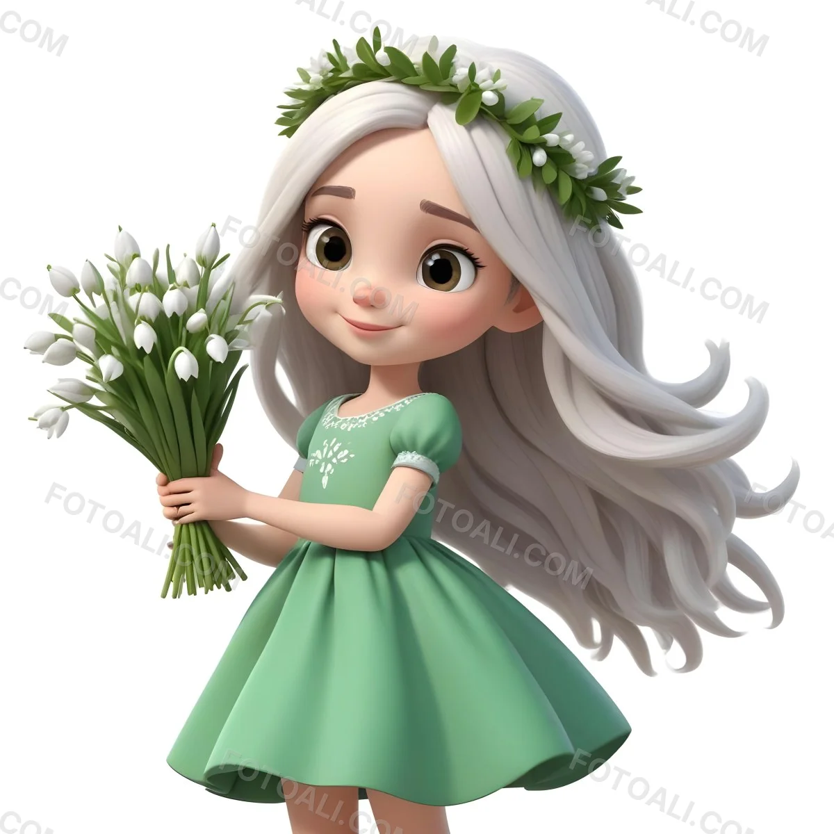 Digital Painting A Caucasian Girl 8 Years Old Long White Hair Brown Eyes Holding A Bouquet Of Snowdrops Wearing A Green Dress And A Flower Crown White Background Bold And Slim Lines Brush Strokes 7 00cb