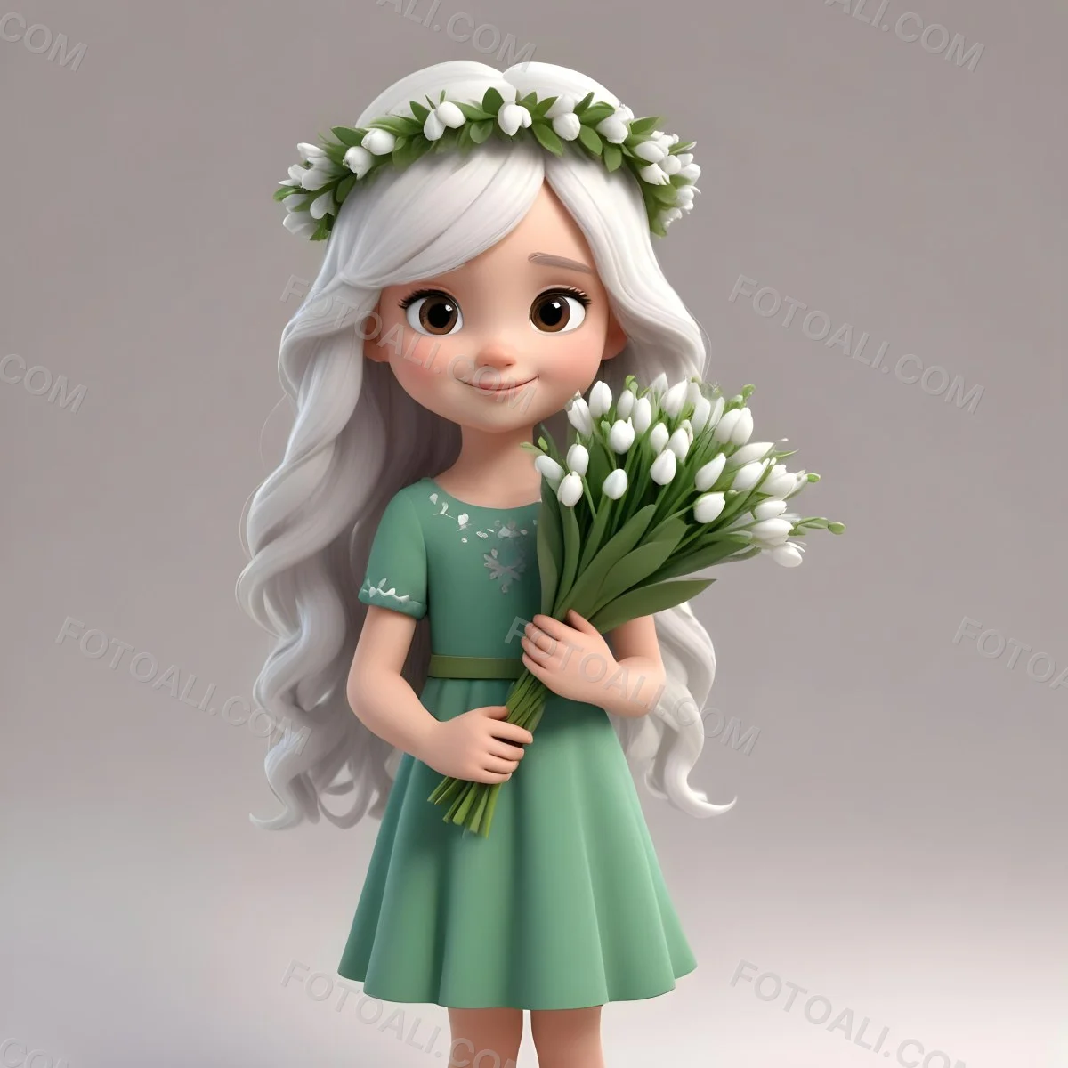 Digital Painting A Caucasian Girl 8 Years Old Long White Hair Brown Eyes Holding A Bouquet Of Snowdrops Wearing A Green Dress And A Flower Crown White Background Bold And Slim Lines Brush Strokes 8 2de8
