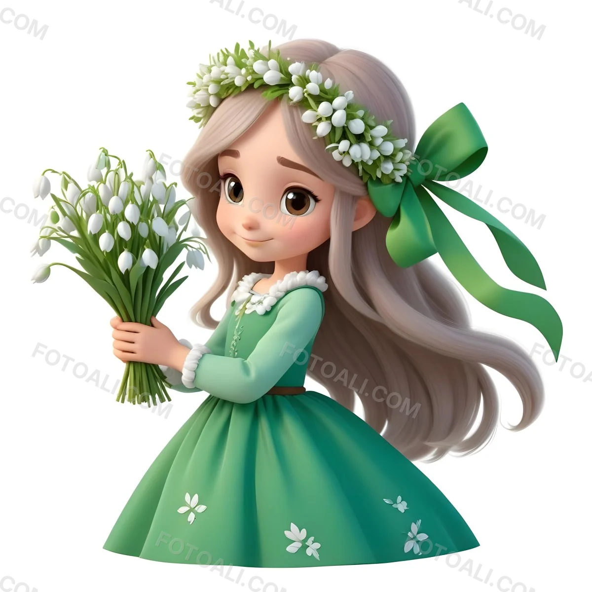 Digital Painting A Caucasian Girl 8 Years Old Long White Hair Brown Eyes Holding A Bouquet Of Snowdrops Wearing A Green Dress And A Flower Crown White Background Bold And Slim Lines Brush Strokes 9 B9b9