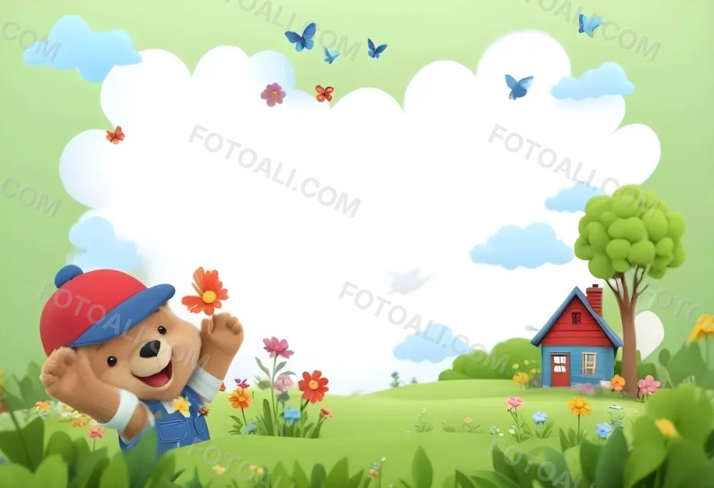 Digital Painting A Cheerful Cartoon Bear Wearing A Red Hat And Blue Overalls Is Waving With One Hand Surrounded By Colorful Flowers And Butterflies A Small Blue Bird Is Flying Above In The Background There Is A Simp 10 03a6
