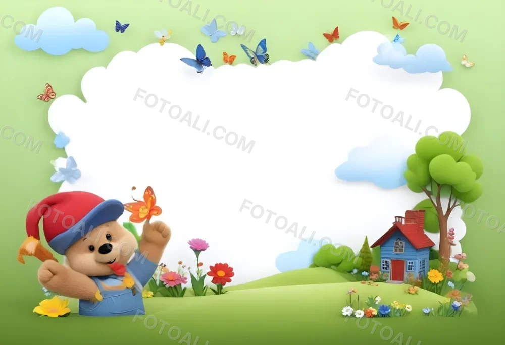 Digital Painting A Cheerful Cartoon Bear Wearing A Red Hat And Blue Overalls Is Waving With One Hand Surrounded By Colorful Flowers And Butterflies A Small Blue Bird Is Flying Above In The Background There Is A Simp 13 92ed