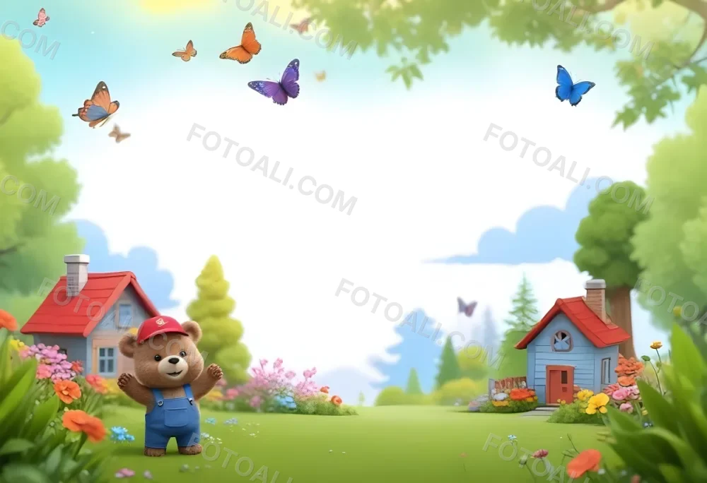 Digital Painting A Cheerful Cartoon Bear Wearing A Red Hat And Blue Overalls Is Waving With One Hand Surrounded By Colorful Flowers And Butterflies A Small Blue Bird Is Flying Above In The Background There Is A Simp 22 7102