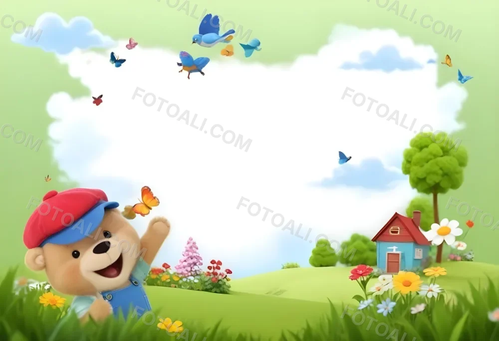 Digital Painting A Cheerful Cartoon Bear Wearing A Red Hat And Blue Overalls Is Waving With One Hand Surrounded By Colorful Flowers And Butterflies A Small Blue Bird Is Flying Above In The Background There Is A Simp 26 5d05