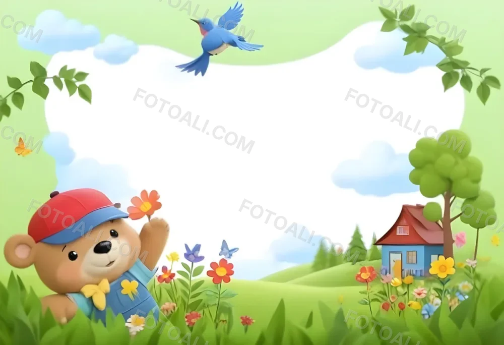 Digital Painting A Cheerful Cartoon Bear Wearing A Red Hat And Blue Overalls Is Waving With One Hand Surrounded By Colorful Flowers And Butterflies A Small Blue Bird Is Flying Above In The Background There Is A Simp 30 Fb77