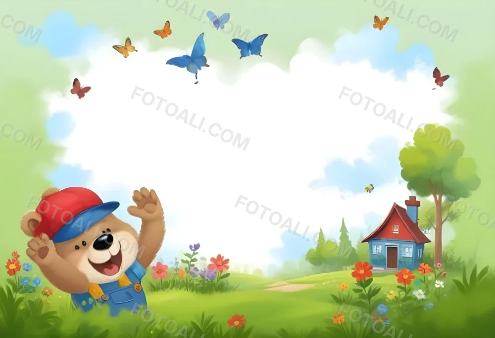 Digital Painting A Cheerful Cartoon Bear Wearing A Red Hat And Blue Overalls Is Waving With One Hand Surrounded By Colorful Flowers And Butterflies A Small Blue Bird Is Flying Above In The Background There Is A Simp 35 7e14