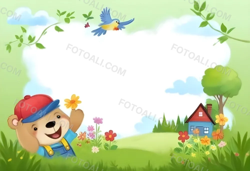 Digital Painting A Cheerful Cartoon Bear Wearing A Red Hat And Blue Overalls Is Waving With One Hand Surrounded By Colorful Flowers And Butterflies A Small Blue Bird Is Flying Above In The Background There Is A Simp 38 0858