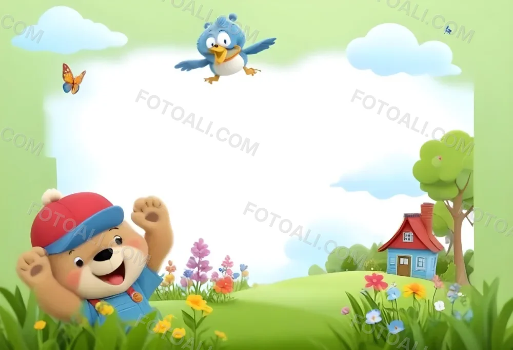 Digital Painting A Cheerful Cartoon Bear Wearing A Red Hat And Blue Overalls Is Waving With One Hand Surrounded By Colorful Flowers And Butterflies A Small Blue Bird Is Flying Above In The Background There Is A Simp 4 Ce3a