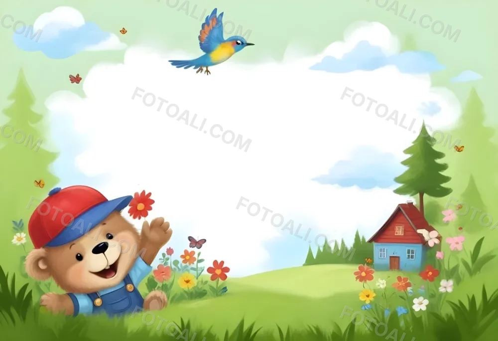 Digital Painting A Cheerful Cartoon Bear Wearing A Red Hat And Blue Overalls Is Waving With One Hand Surrounded By Colorful Flowers And Butterflies A Small Blue Bird Is Flying Above In The Background There Is A Simp 40 4aec