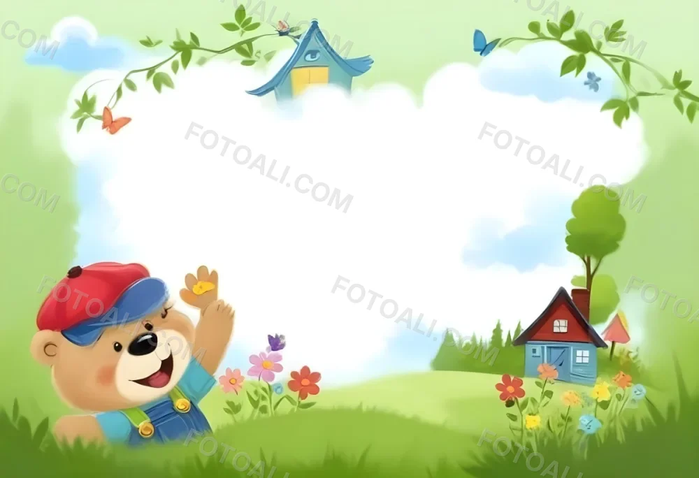 Digital Painting A Cheerful Cartoon Bear Wearing A Red Hat And Blue Overalls Is Waving With One Hand Surrounded By Colorful Flowers And Butterflies A Small Blue Bird Is Flying Above In The Background There Is A Simp 41 C899