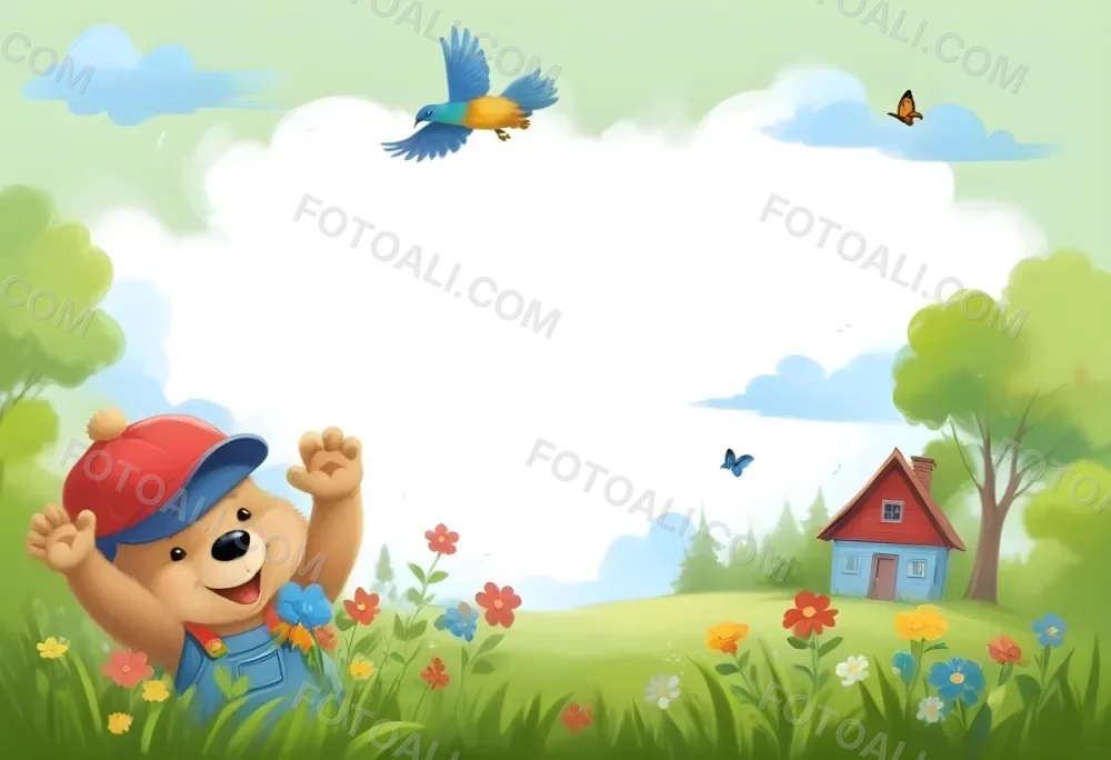 Digital Painting A Cheerful Cartoon Bear Wearing A Red Hat And Blue Overalls Is Waving With One Hand Surrounded By Colorful Flowers And Butterflies A Small Blue Bird Is Flying Above In The Background There Is A Simp 42 780e