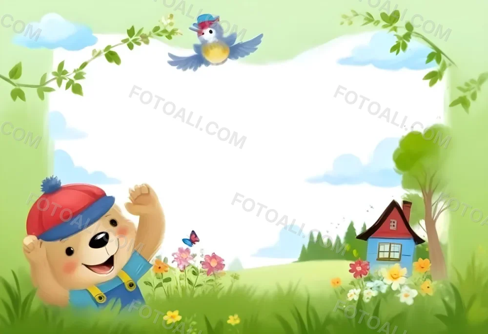 Digital Painting A Cheerful Cartoon Bear Wearing A Red Hat And Blue Overalls Is Waving With One Hand Surrounded By Colorful Flowers And Butterflies A Small Blue Bird Is Flying Above In The Background There Is A Simp 44 310d